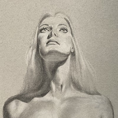 Lot 35 - McLaren, 20th Century, Standing nude studies, front and back, pencil heightened with chalk on blue card, signed, 75cm x 47cm, glazed frames (2)