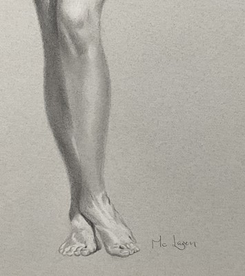 Lot 35 - McLaren, 20th Century, Standing nude studies, front and back, pencil heightened with chalk on blue card, signed, 75cm x 47cm, glazed frames (2)