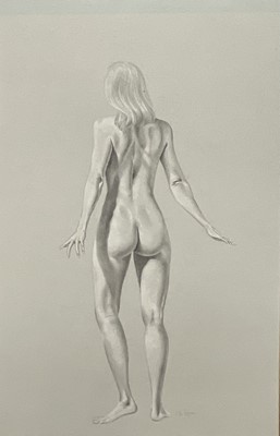 Lot 35 - McLaren, 20th Century, Standing nude studies, front and back, pencil heightened with chalk on blue card, signed, 75cm x 47cm, glazed frames (2)