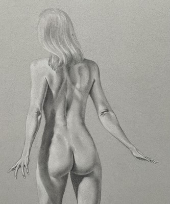 Lot 35 - McLaren, 20th Century, Standing nude studies, front and back, pencil heightened with chalk on blue card, signed, 75cm x 47cm, glazed frames (2)