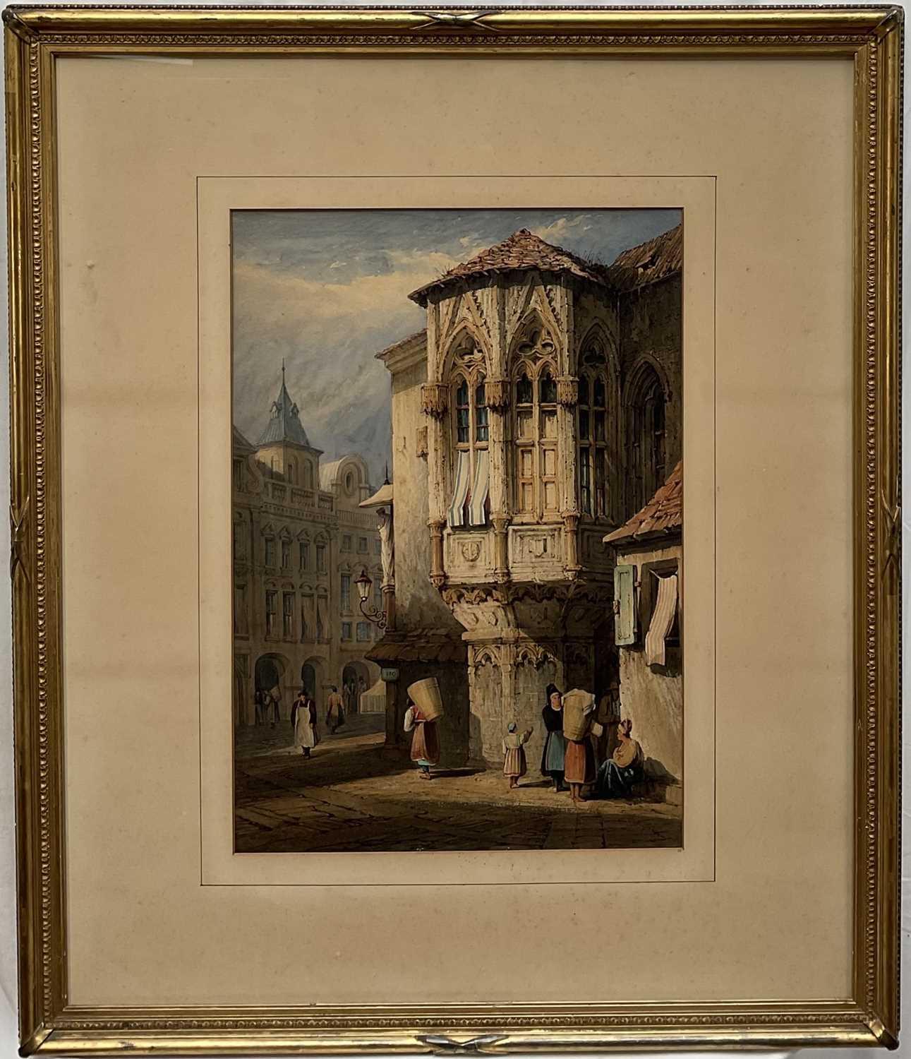 Lot 36 - Manner of Samuel Prout (1783-1852) watercolour, titled 'Prague 1836' and monogrammed, 52cm x 36cm, glazed gilt frame