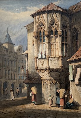 Lot 36 - Manner of Samuel Prout (1783-1852) watercolour, titled 'Prague 1836' and monogrammed, 52cm x 36cm, glazed gilt frame