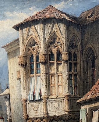 Lot 36 - Manner of Samuel Prout (1783-1852) watercolour, titled 'Prague 1836' and monogrammed, 52cm x 36cm, glazed gilt frame