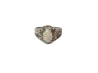 Lot 74 - 1970s opal and diamond cluster ring in 9ct white gold setting, size K½