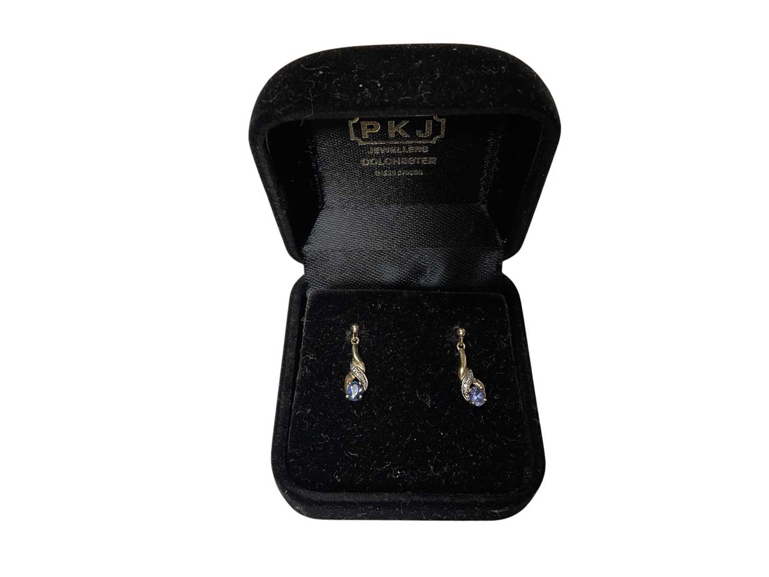 Lot 76 - Pair of tanzanite and diamond pendant drop earrings in yellow metal setting