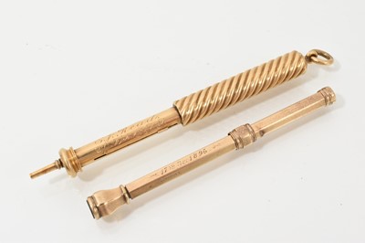 Lot 715 - Two Samson Mordan yellow metal retractable pencils, unmarked
