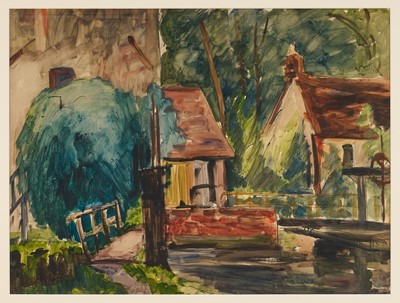 Lot 1260 - *Paul Lucien Maze (1887-1979) ink and watercolour - Cottages by the Stream, circa 1928, signed, 46cm x 61cm, in glazed frame.