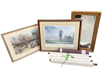 Lot 91 - Four Chinese scrolls, two golfing prints (one unframed), watercolour landscape study and a gilt framed wall mirror (8)