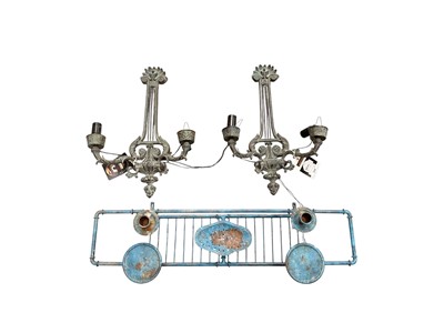 Lot 5047 - Pair of antique style bronzed metal twin branch wall lights, together with a vintage blue metal bath tray