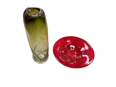 Lot 5217 - Large green art glass vase, signed 'Ferm Living', boxed, together with a red art glass bowl (2)
