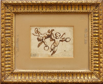 Lot 1050 - Domenica Piola or Family: Two cherubs in flight holding garlands - a fragment, stuck down, the...