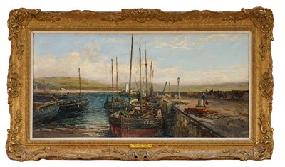 Lot 1227 - William Webb (fl.1880-1904) oil on canvas, Harbour scene, Isle of Man, signed W. Webb, 29cm x 59cm, gilt frame