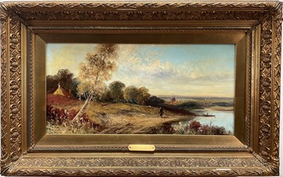 Lot 1228 - J. Hall 19th century oil on canvas - Landscape with figure on a path, signed, 29cm x 59cm, gilt frame