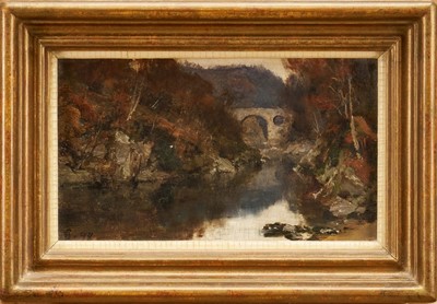 Lot 1049 - David Farquharson (1835-1907) oil on board, Bridge over a river, signed with monogram, dated [18]'98, 12cm x 20.5cm, framed