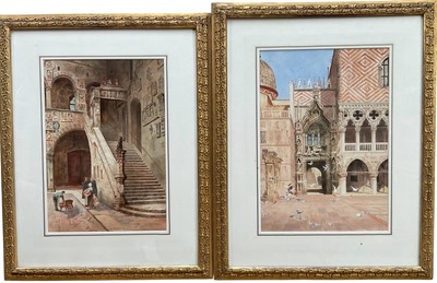 Lot 1220 - Joseph De Caynoth Ballardie (1848-1916) pair of watercolours, The Old Bargello, Florence and the Ducal Palace Venice, signed, glazed gilt frames