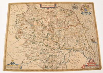 Lot 982 - John Speed hand coloured 17th century engraved map of Yorkshire, published 1610