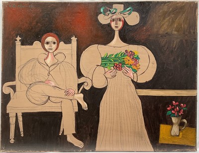 Lot 335 - Menachem Gueffen (Israeli, 1930-2016), oil on canvas of two figures, signed 'm. Gueffen -69', 35.5cm x 45.5cm Provenance: O'Hara Gallery, Carlos Place, London