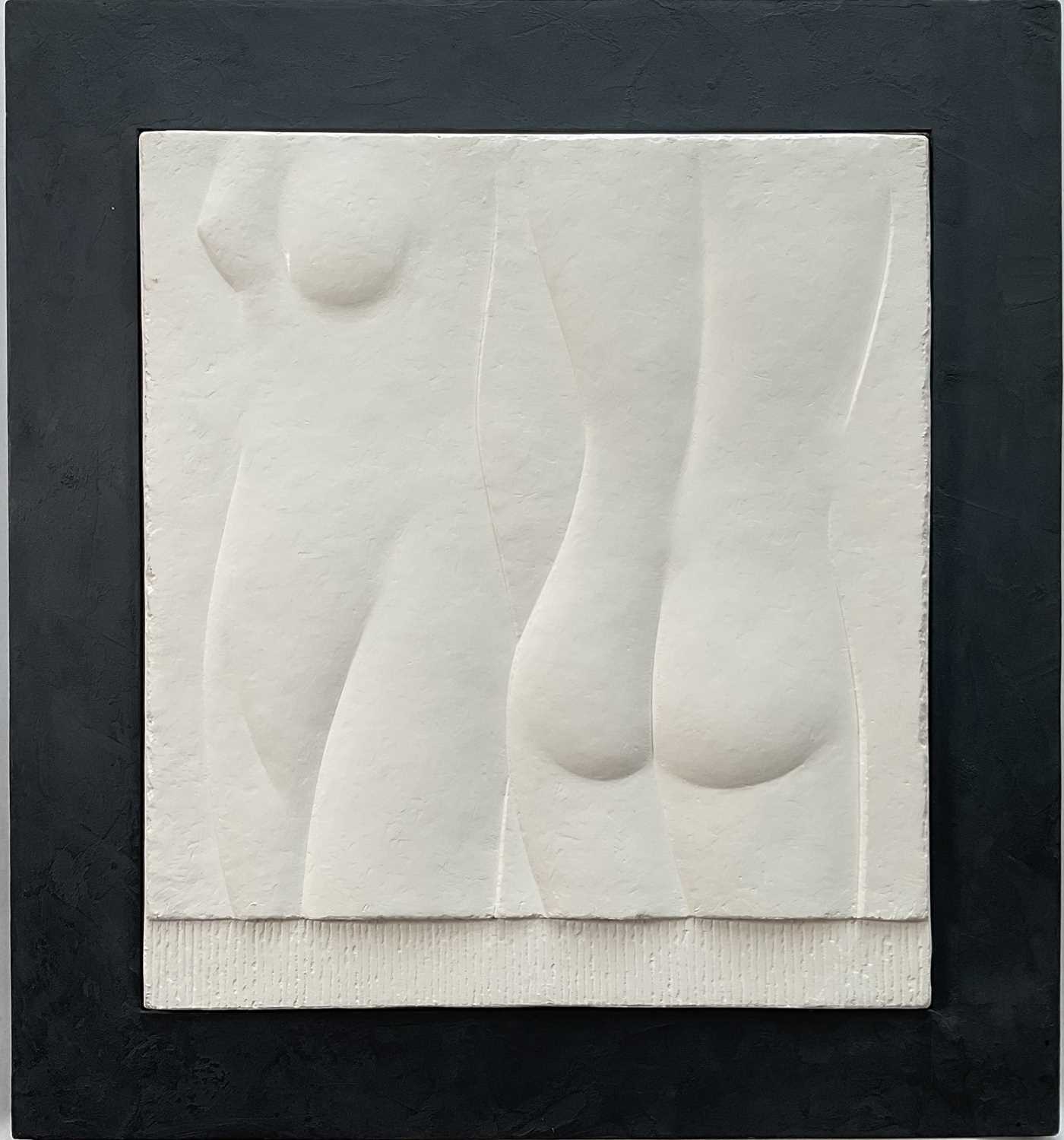 Lot 68 - Tony Yates, plaster relief, ‘Deux Femmes’, signed and titled verso, 51cm x 46cm x 1.5cm, framed