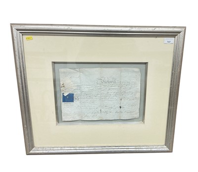 Lot 747 - H.M. Queen Victoria signed military commission document, dated June 1846, mounted in a glazed frame.