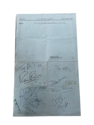 Lot 1147 - Original call sheet for the TV comedy Porridge signed by Ronnie Barker, Richard Beckinsale and other cast members, and accompanying photos taken ar Chelmsford prison