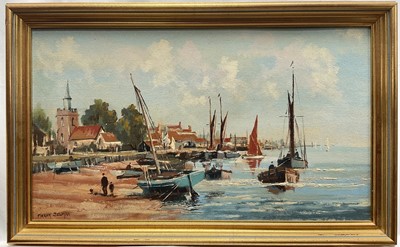 Lot 250 - Frank Selman, oil on board, Maldon Beach, 1968, signed, label verso, 36cm x 61cm, framed