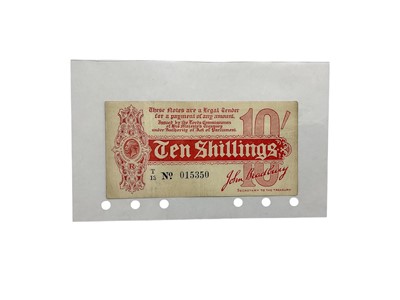 Lot 420 - G.B. - Treasury Red Print Ten Shillings, first Bradbury issue banknote (Aug 1914) prefix T over 13 (N.B. Some light creasing & pinhole noted) otherwise AVF (1 banknote)