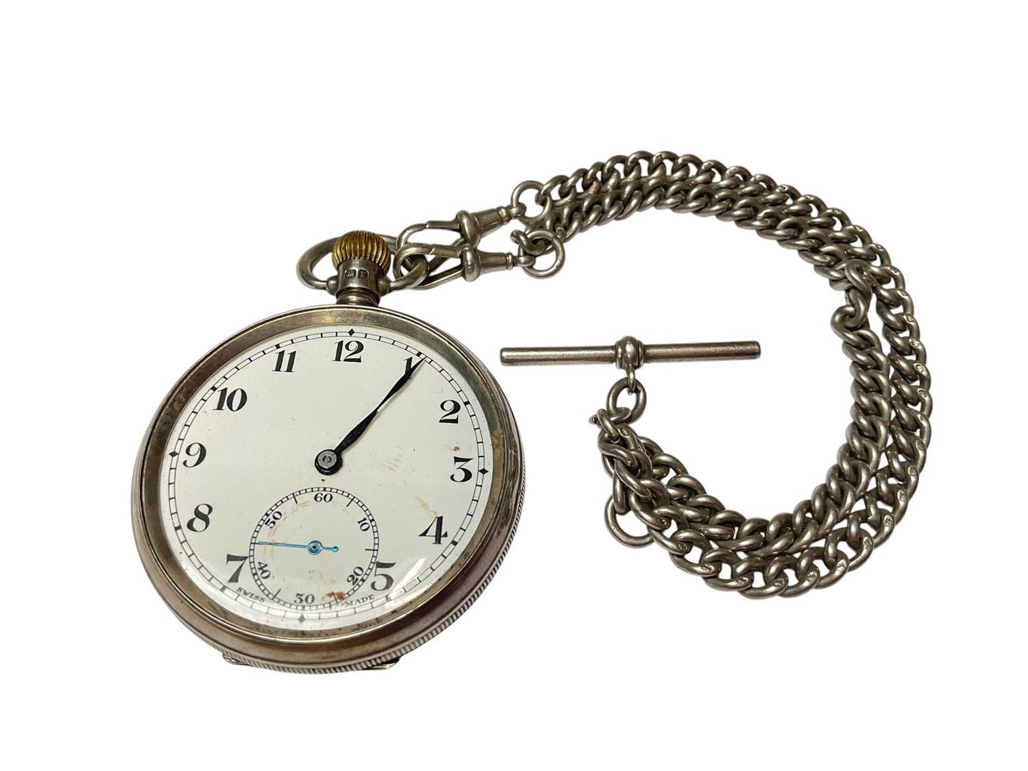 Lot 16 - 1920s silver cased pocket watch (Birmingham 1929) with a silver watch chain, 36cm long