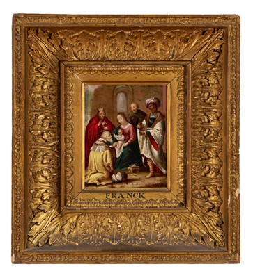 Lot 1041 - Attributed to Frans Francken (1581-1642) oil on panel - The Adoration of the Magi, the Three Kings paying homage to the infant Jesus, 16.5cm x 14cm, in gilt frame