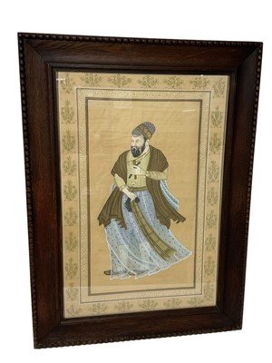 Lot 985 - Late 19th century gouache painting on silk of Indian Mughal scholar, 75cm x 51cm in period oak frame