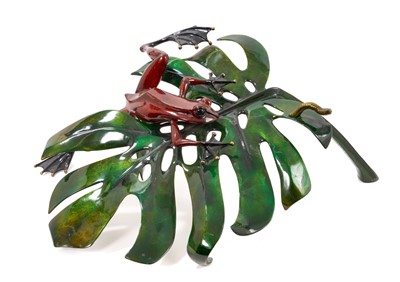 Lot 852 - Tim Cotterill 'Frogman' (British, b.1950), large limited edition enamelled bronze model of a frog on a leaf, signed, 221/750, 58.5cm across