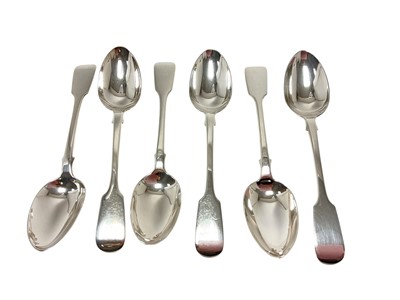 Lot 397 - Composite set of six Victorian silver fiddle pattern dessert spoons