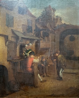 Lot 1100 - Dutch School, 18th century, oil on panel - Figures before a Tavern, 34cm x 28cm, unframed