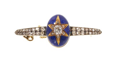 Lot 646 - Victorian diamond and enamel brooch, the oval blue enamel centre set with a cushion shaped old cut diamond of approx 0.35ct and six small old cut diamonds, set in a central star, with tapering d...