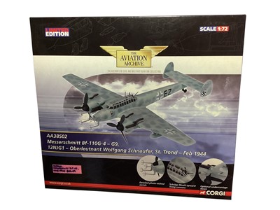 Lot 1703 - Corgi The Aviation Archive 1:72 scale diecast aircraft Limited Edition Messerschmitt Bf-110G-4-G9, certificate 0606/2000, boxed AA38502, Messerschmitt Bf109E, boxed 49205 and Unimax 1:72 scale U...
