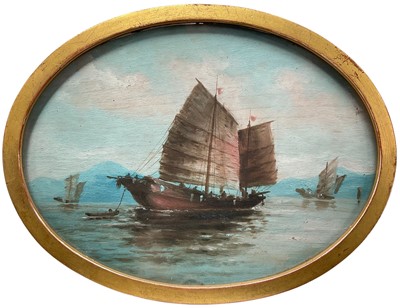 Lot 37 - 19th century painting on panel of Chinese junks at sea, 19.5 x 14.5cm in a gilt oval glazed frame