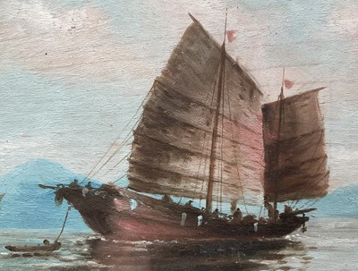 Lot 37 - 19th century painting on panel of Chinese junks at sea, 19.5 x 14.5cm in a gilt oval glazed frame