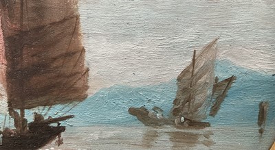 Lot 37 - 19th century painting on panel of Chinese junks at sea, 19.5 x 14.5cm in a gilt oval glazed frame