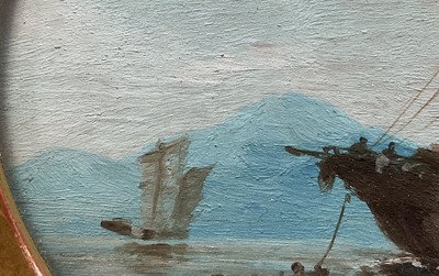 Lot 37 - 19th century painting on panel of Chinese junks at sea, 19.5 x 14.5cm in a gilt oval glazed frame