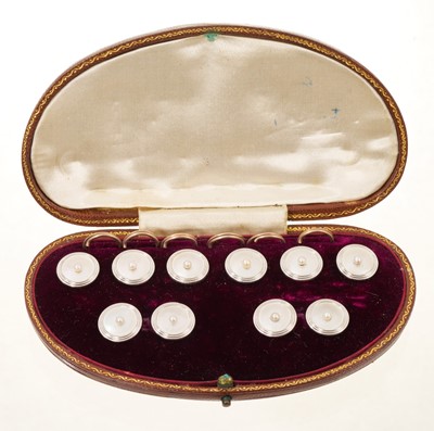 Lot 708 - Suite of gold and enamel and pearl cufflinks and dress studs