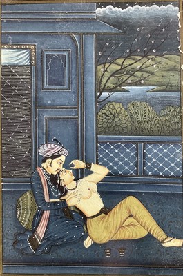 Lot 61 - Persian miniature - couple in an embrace, 13cm x 9cm, glazed frame