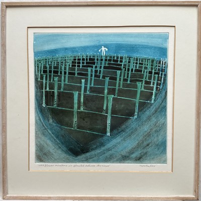 Lot 121 - Moss Fuller 1937-2021, monoprint, Wildflower Mixture is planted between the rows,Signed and titled in pencil, framed (missing glass), 38.5cm x 38.5cm.