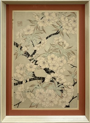 Lot 58 - Japanese woodblock print - Blossom, 37cm x 25cm, glazed frame