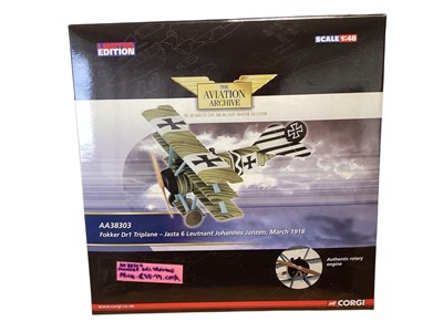 Lot 1706 - Corgi The Aviation Archive Limited Edition 1:48 scale diecast WWI aricraft including Fokker Dr1 Triplane, certificate 0644/1700, boxed AA38303 and 1:48 scale twin wing Spad XIII, cerificate 1844/...