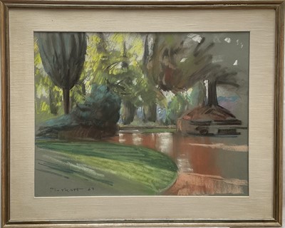 Lot 1305 - Joseph Plaskett (1918-2014) pastel - Canadian Embassy Gardens, Rome, after Rain, signed and dated '69, 49cm x 62cm, in glazed frame