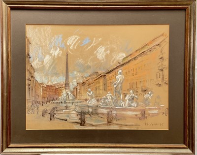 Lot 1302 - Joseph Plaskett (1918-2014) pastel - Piazza Navona, Italy, signed and dated '65, 46cm x 62cm, in glazed frame