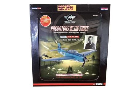 Lot 1707 - Corgi Predators of the Skies Series 1 Ace Pilots 1:72 scale diecast aircraft including George H.W. Bush Grumman, TBF-1C Avenger, certificate 0481/4760, boxed PR99403, Richard H.Best, Douglas Dau...