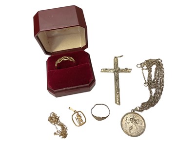 Lot 112 - 9ct gold ring, 9ct gold St. Christopher pendant on chain, another silver, silver signet ring and a crucifix pendant