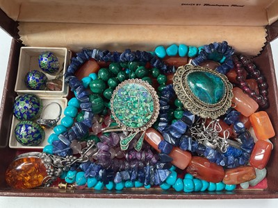Lot 45 - Group of semi-precious bead necklaces including malachite, turquoise, amethyst etc, silver mounted amber ring and pendant, two pairs of cloisonné enamel clip on earrings etc
