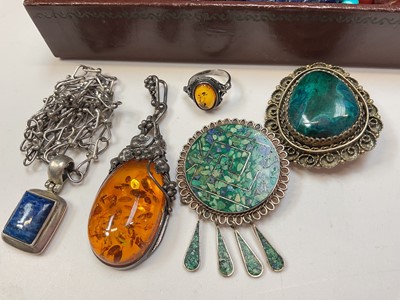 Lot 45 - Group of semi-precious bead necklaces including malachite, turquoise, amethyst etc, silver mounted amber ring and pendant, two pairs of cloisonné enamel clip on earrings etc