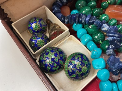 Lot 45 - Group of semi-precious bead necklaces including malachite, turquoise, amethyst etc, silver mounted amber ring and pendant, two pairs of cloisonné enamel clip on earrings etc